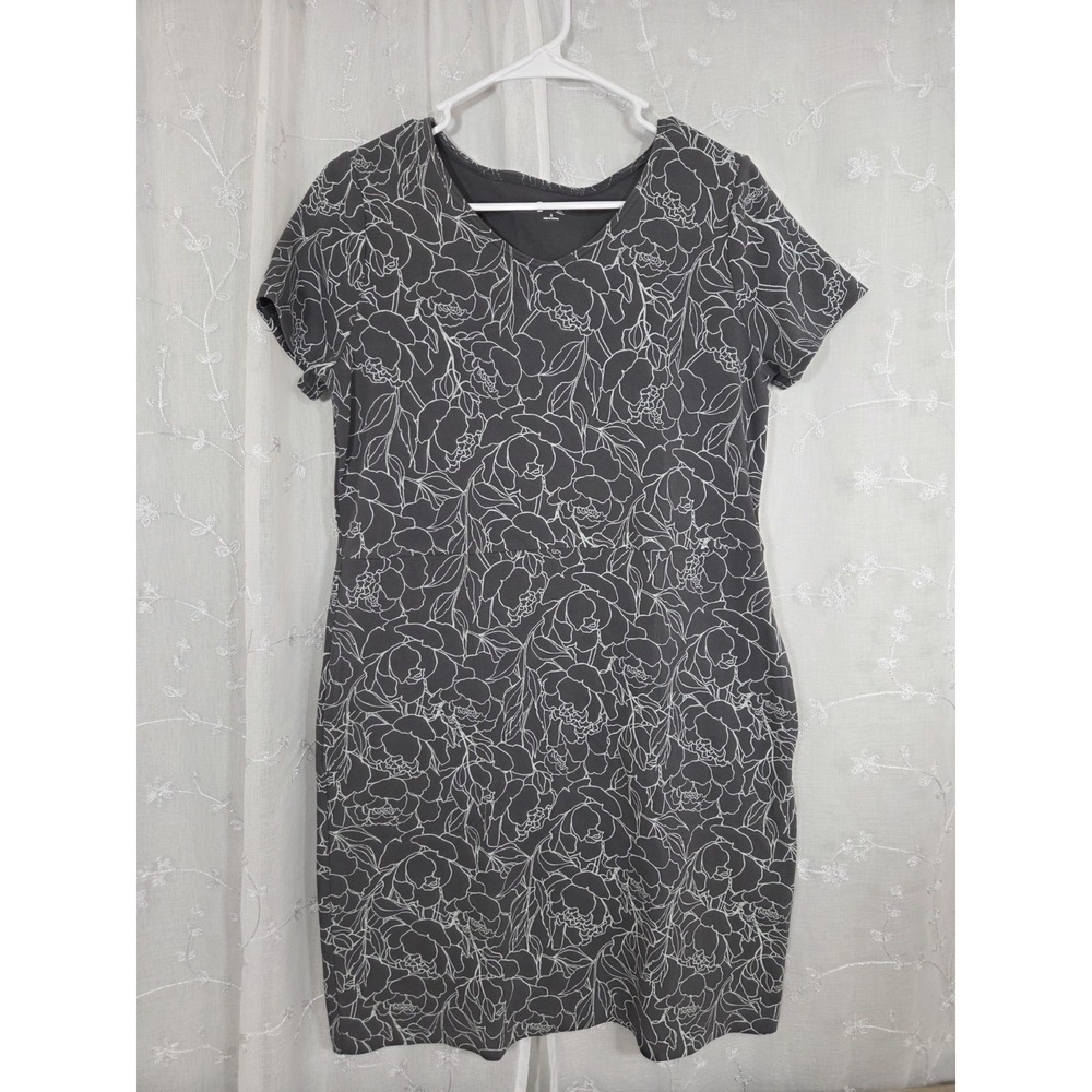 Duluth Trading Women's Gray White Floral Print Stretch Pockets Dress Small